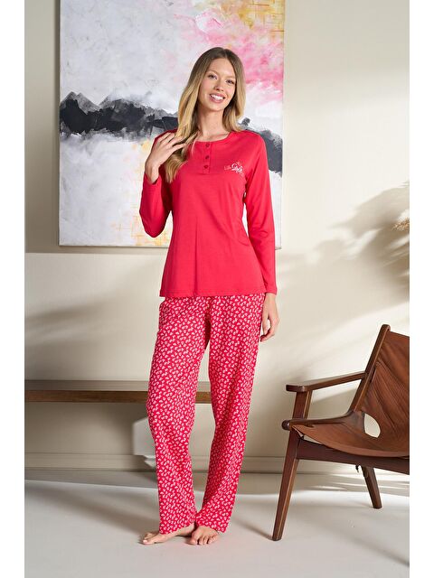 Kompedan Kadın Desenli Modal Önü Patlı Pijama Takım | Kırmızı 3193 - S000465562-20045