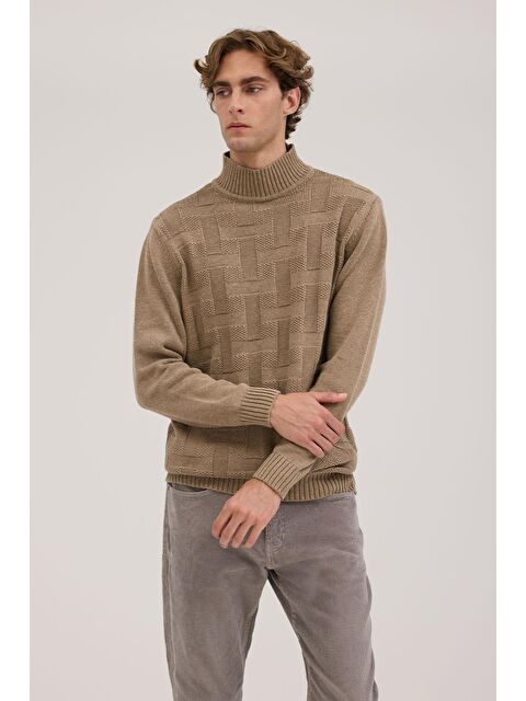 JAKAMEN Vizon Slim Fit Desenli Tam Balıkçı Yaka Triko - S000495771-26429