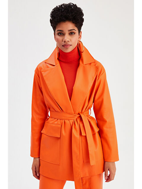 SATEEN Kuşaklı Deri Ceket - Oranj - S000324096-20013