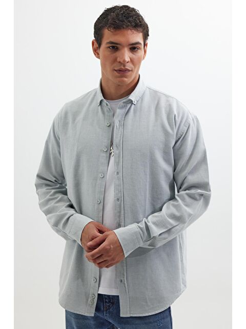 TUDORS Erkek Relax Fit Rahat Kalıp Uzun Kollu %100 Pamuk Düğmeli Spor Yaka Mavi Gömlek - S000519904-17234