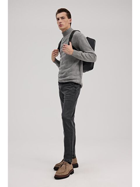 JAKAMEN Gri Slim Fit Tam Balıkçı Yaka Desenli Triko Kazak - S000495771-20600