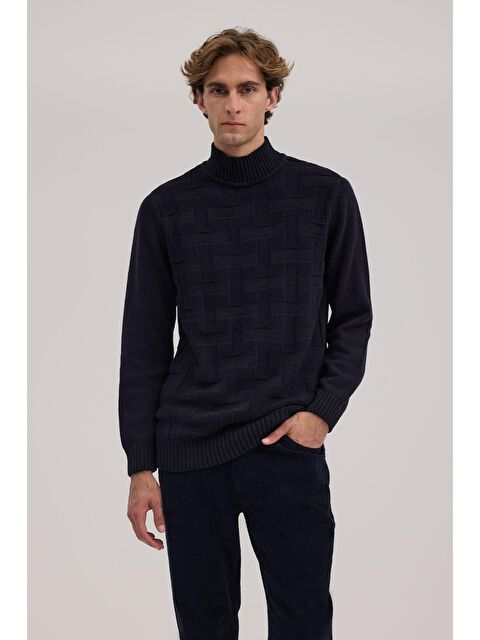 JAKAMEN Lacivert Slim Fit Desenli Pamuklu Tam Balıkçı Yaka Triko - S000495771-21164