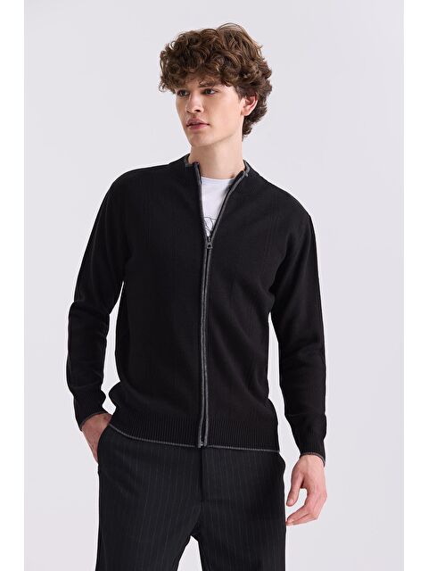 JAKAMEN Siyah Classic Fit Düz Fermuarlı Dik Yaka Triko Hırka - S000495774-19351