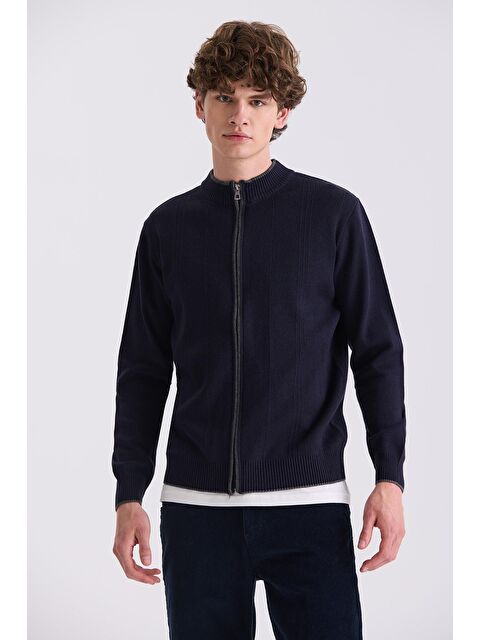 JAKAMEN Lacivert Classic Fit Düz Fermuarlı Dik Yaka Triko Hırka - S000495774-21164