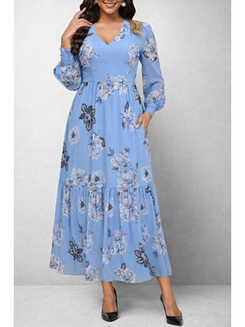 Jane's Kadın Uzun Kollu V Yakalı çiçek Desenli Maxi Süprem Elbise - S000528538-17234