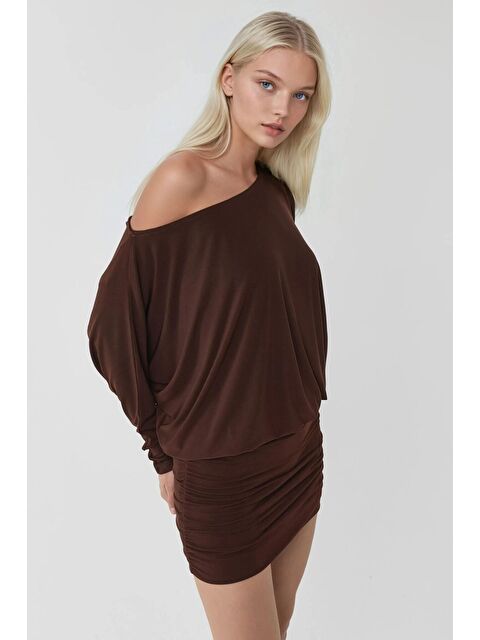 carla10 Düşük Omuz Esnek Elbise Kahverengi - S000529244-19413