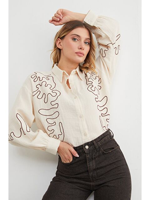 Fullamoda Geometrik Nakışlı Bol Gömlek - S000450113-19928