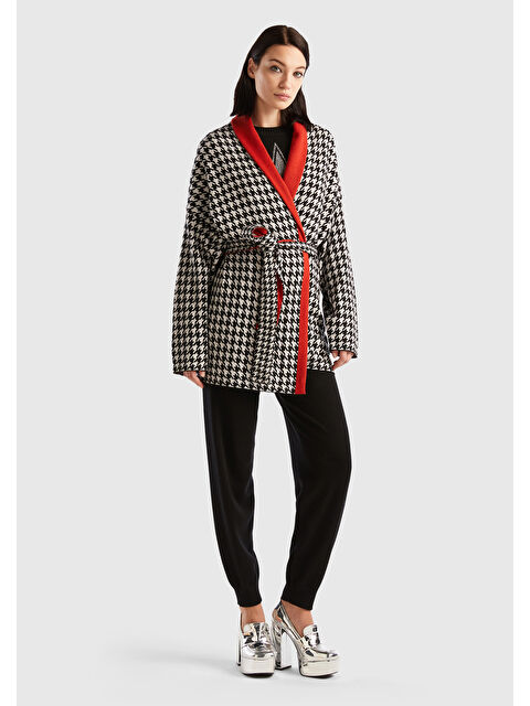 United Colors Of Benetton Kadın Siyah Belden Bağlamalı Kazayağı Desenli Hırka - S000298558-19351