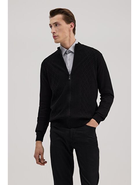 JAKAMEN Siyah Regular Fit Desenli Fermuarlı Triko Hırka - S000495776-19351