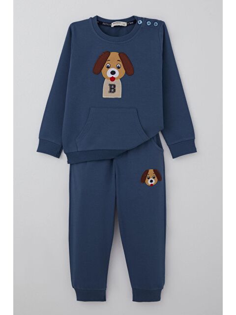 Breeze Erkek Bebek Eşofman Takımı Sevimli Köpekçik Nakışlı Kanguru Cepli İndigo (9 Ay-3 Yaş) - S000506118-23093
