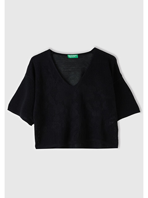 United Colors Of Benetton Kadın Siyah Pamuk Modal Karışımlı Motifli V Yaka Crop Triko Tişört - S000306251-19351