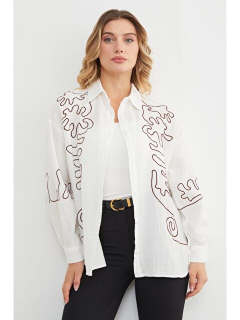 Fullamoda Geometrik Nakışlı Bol Gömlek - S000450113-20063