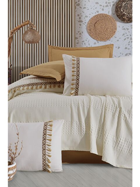 Clasy Butik Tek Kişilik Püsküllü Pike Takımı Bohamline Ekru - S000192235-19965