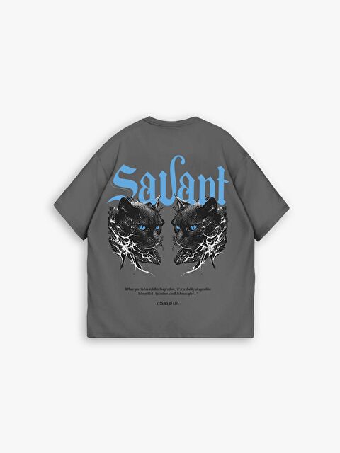 Abluka Online Erkek Oversize Baskılı Bisiklet Yaka %100 Pamuk Tişört Füme - S000155208-33408