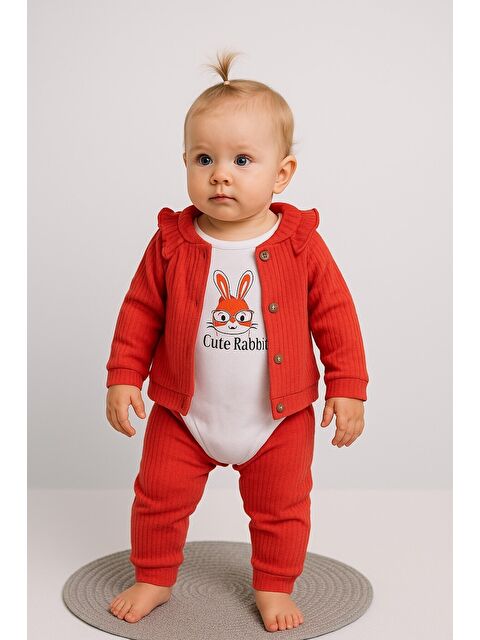 Kidex's Kız Bebek Fitilli Fırfır Detaylı Pamuklu Zıbınlı 3'lü Bebek Takımı