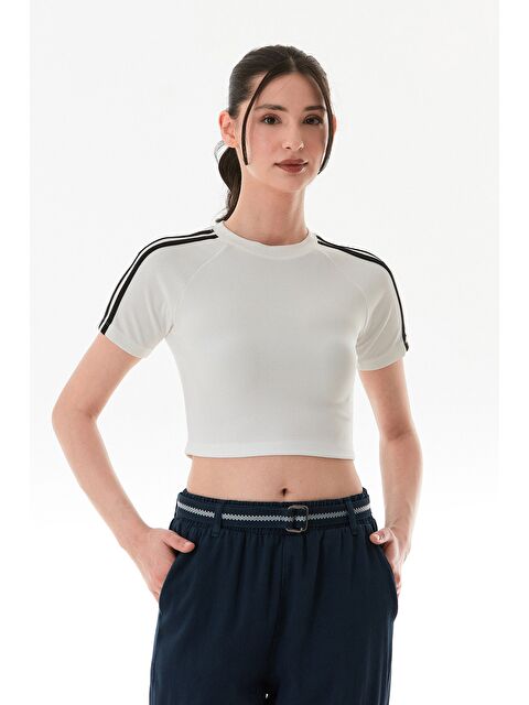 Fullamoda Fitilli Kolları Şeritli Crop Tişört - S000380981-20063