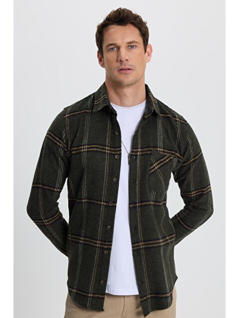 TUDORS Erkek Slim Fit Dar Kesim Kareli Cepli Haki Oduncu Gömlek - S000519907-23173