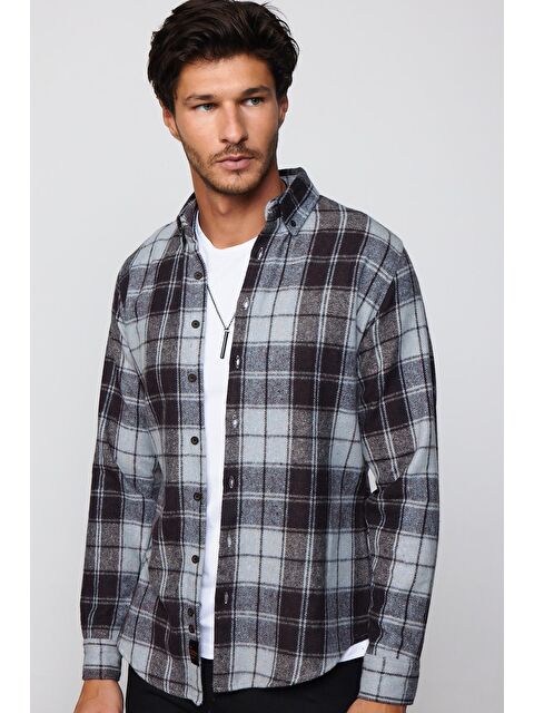 TUDORS Erkek Slim Fit Dar Kesim Uzun Kollu Pamuklu Kareli Kışlık Oduncu Düğmeli Yaka Gömlek