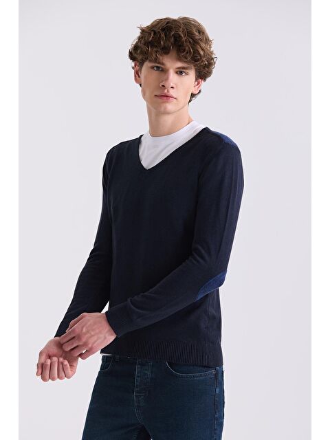 JAKAMEN Lacivert Slim Fit V Yaka Triko Kazak - S000495777-21164