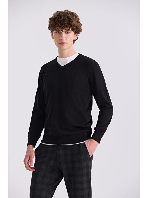 JAKAMEN Siyah Slim Fit V Yaka Triko Kazak - S000495778-19351