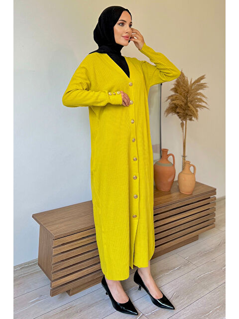 Julude Gold Düğme Detaylı Maxi Boy Tesettür Triko Hırka - S000186355-18194