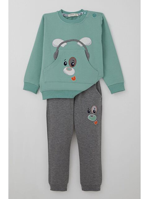 Breeze Erkek Bebek Eşofman Takımı Kulaklıklı Köpekçik Nakışlı Su Yeşili (9 Ay-3 Yaş) - S000465960-20054