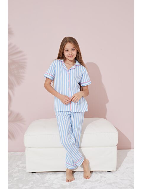 Siyah İnci Mavi Beyaz Çizgi Desenli Düğmeli Biyeli Örme Pijama Takım - S000217558-17234