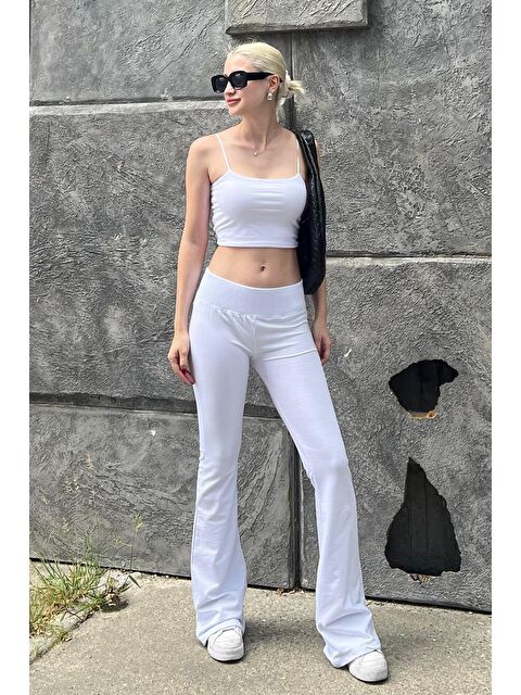 Madmext Beyaz Beli Fitilli Yüksek Bel İspanyol Paça Pantolon Mg2096 - S000206202-20063