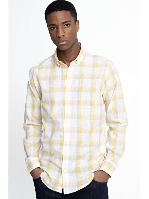 TUDORS Slim Fit Uzun Kol Kareli Yaka Düğmeli Ketenli Erkek Renkli Gömlek