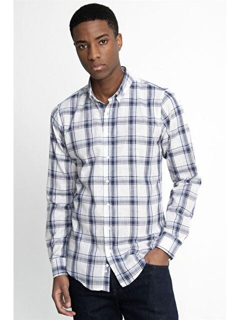 TUDORS Slim Fit Uzun Kol Kareli Yaka Düğmeli Ketenli Erkek Renkli Gömlek