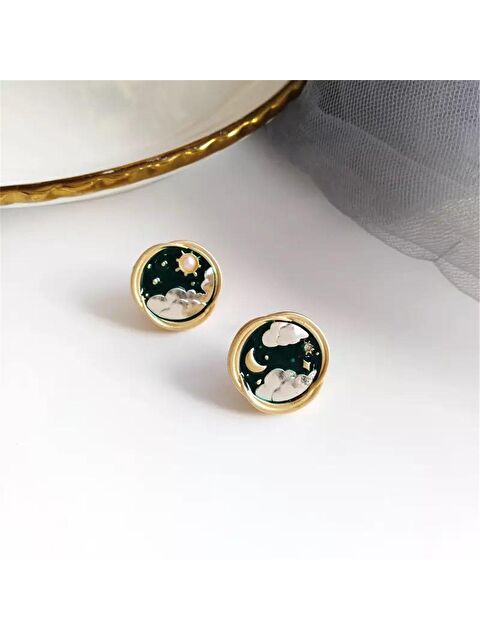 Pelin Aksesuar Güneş Ay Bulut Manzara Desenli Yeşil Küpe - S000048587-23173