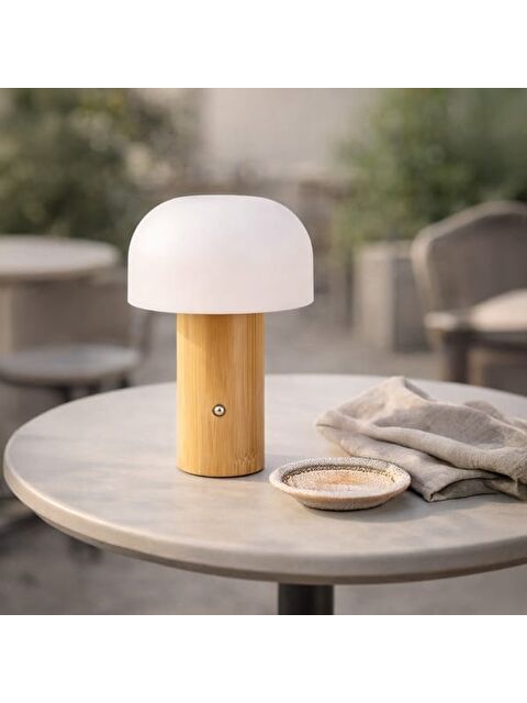 Apliqa Olwa Ahşap Detaylı Pilli Kablosuz Dokunmatik Şarjlı Led Mantar Masa Lambası - Natürel / Beyaz - S000475910-37258