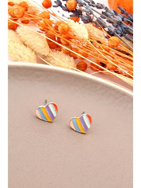 Pelin Aksesuar Mini Renkli Çizgili Kalp Küpe - S000048617-23173