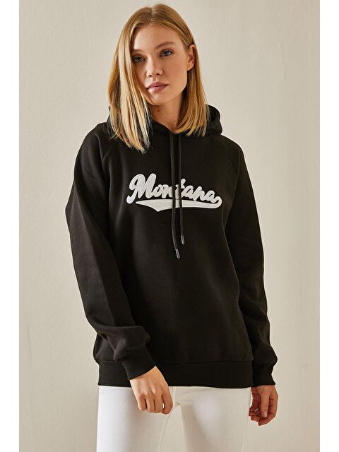 Xhan Siyah Yazı Detaylı Şardonlu Kapüşonlü Sweatshirt 4KXK8-47594-02 - S000065567-19351