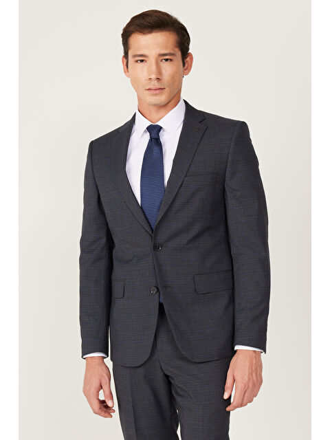 Altınyıldız Classics Erkek Antrasit-Lacivert Ekstra Slim Fit Dar Kesim Mono Yaka Desenli Takım Elbise - S000403681-37189