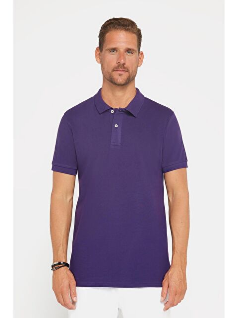 TUDORS Erkek Slim Fit Dar Kesim %100 Pamuk Düz Pike Mor Polo Yaka Tişört