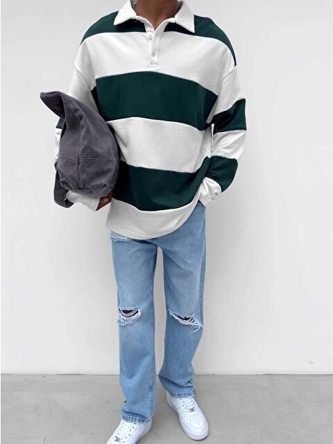 Abluka Online Erkek Oversize Çizgili Sweatshirt Yeşil - S000058340-18194