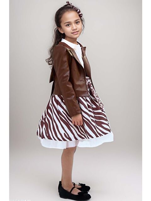 Riccotarz Kız Çocuk Deri Ceket ve Zebra Baskılı Saten Kahverengi Etekli Takım - S000127636-19413