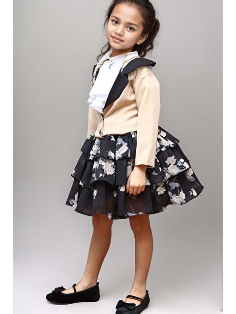 Riccotarz Kız Çocuk Çiçek Desenli KatKat, Atlas Kumaş Etek Bej Ceket Etekli Takım - S000158737-19928