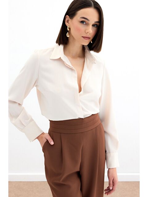 SATEEN Klasik Düz Gömlek - Bej - S000323491-19928