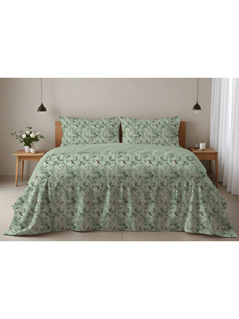 Evmila Adaçayı Yeşili Kuş ve Yaprak Desenli Çift Kişilik Nevresim Takımı - Çift Taraflı Kullanım 200x220cm - S000497420-29488