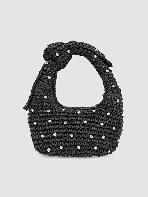 Luminos Butik Taş Detaylı El Örgüsü Siyah Hasır Çanta
