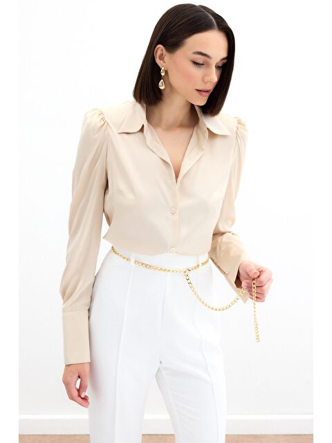 SATEEN Vatkalı Saten Gömlek - Bej - S000323497-19928