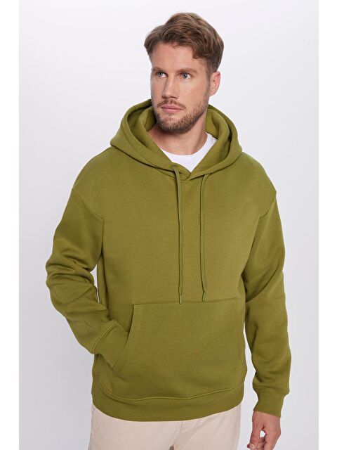 TUDORS Unisex Oversize Geniş Kesim Pamuklu Yumuşak Dokulu İçi Polarlı Basic Yeşil Renk Kapüşonlu Sweatshirt