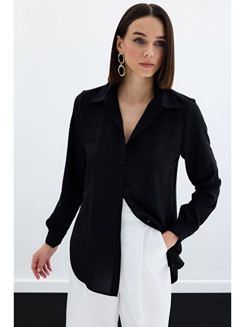 SATEEN Düz Klasik Gömlek - Siyah - S000323499-19351