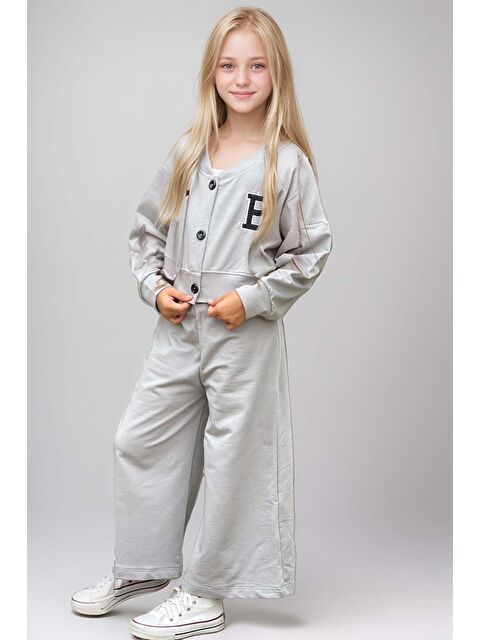 Riccotarz Kız Çocuk Harf Baskılı Düğmeli Kolej Hırka Bol Kesim Paça Gri Eşofman Takım - S000305207-20600