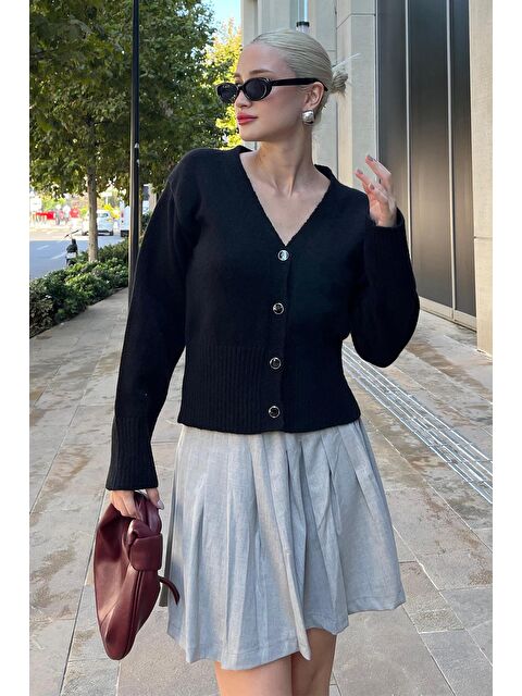 Madmext Siyah Düğmeli Fitil Detaylı Triko Hırka Mg2199 - S000280972-19351