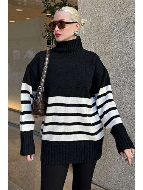 Madmext Siyah Oversize Balıkçı Yaka Çizgili Kazak Mg2168 - S000280979-19351