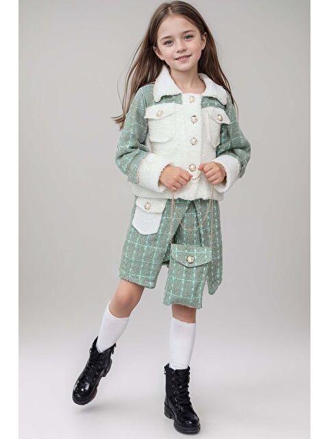 Riccotarz Kız Çocuk İnci Düğme ve Pelüş Detaylı Gömlek Yeşil Triko Etekli Takım - S000305210-18194