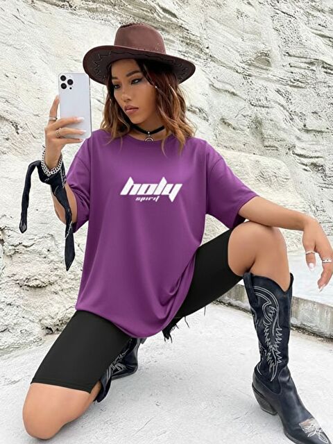 Trendseninle Unisex Mor Holy Baskılı Tişört - S000513623-20042